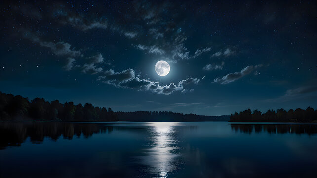 Full moon illuminating a tranquil lake and dark forest shoreline under a starry night sky