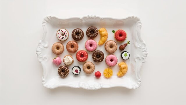 Array of donuts and sweet treats on a white ornate tray with various colors and toppings. Delicious bakery selection. Confectionery and dessert assortment.