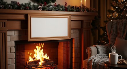 Cozy Christmas fireplace with a blank frame ready for a holiday picture.