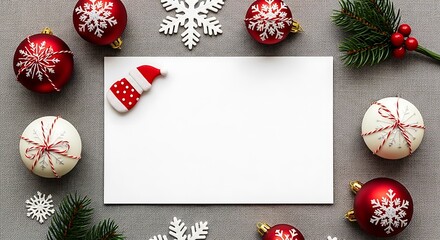 Blank white card surrounded by festive Christmas ornaments and greenery, ready for a message