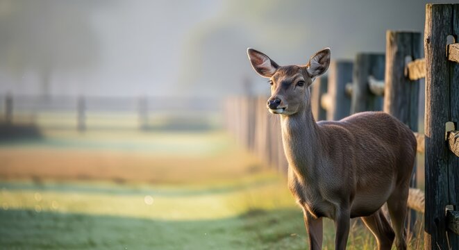 Deer standing near wooden fence in misty field at sunrise  