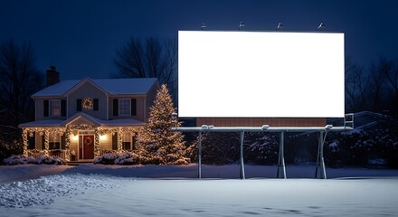 A large blank billboard stands in front of a snow-covered house decorated for Christmas.