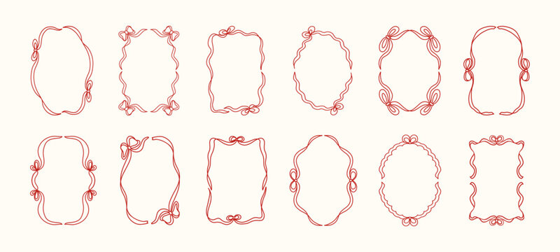 Romantic ribbon frames set. Elegant ribbon frame design with bow, whimsical hand-drawn wavy ribbons for wedding, birthday invitation, holiday gift decorations. Vector illustration