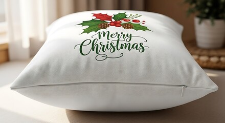 A white pillow with a "Merry Christmas" graphic and holly leaves is displayed indoors.
