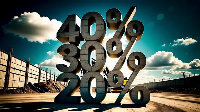 Concrete numbers showing discount percentages 40 30 and 20 percent against a blue sky and construction site representing sales and promotions