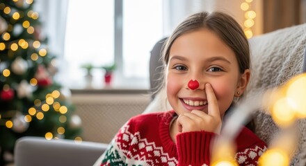 Young girl with Rudolph nose smiling in cozy living room by Christmas tree