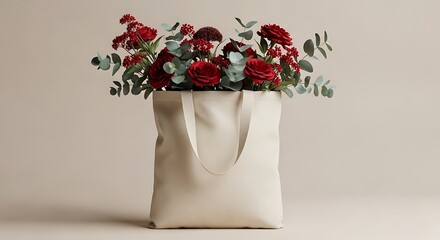 A cream tote bag filled with vibrant red flowers and green eucalyptus leaves sits on a neutral surface.