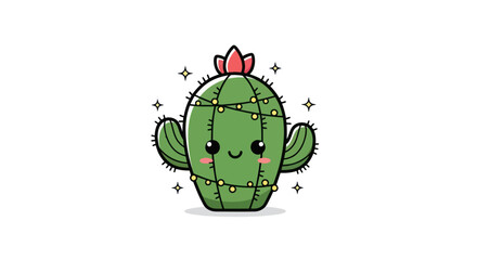 Cartoon cactus with lights and stars on white background decorative design