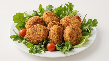 Fried food balls served on a plate with fresh greens and cherry tomatoes, appetizer or snack.