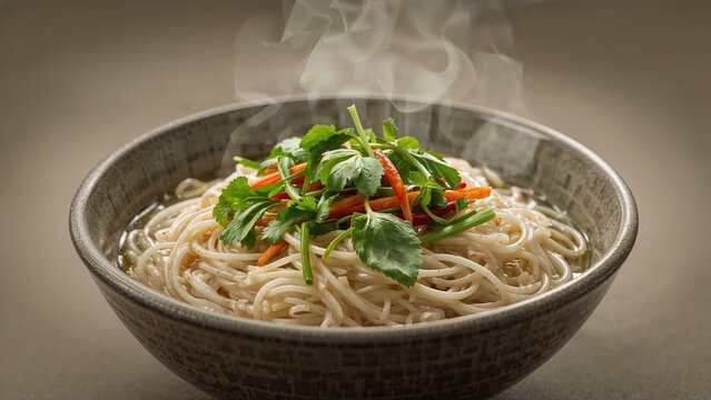 A bowl of steaming noodles garnished with herbs and vegetables. - Powered by Adobe