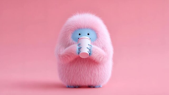 Cute pink fluffy monster drinking from a white cup. Funny cartoon character animation for kids content. Adorable creature with drink.