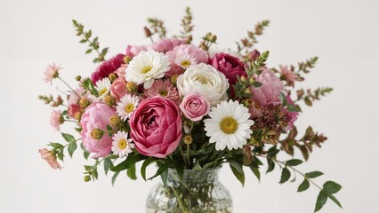 A bouquet of pink, white, and purple flowers with green foliage in a glass vase.