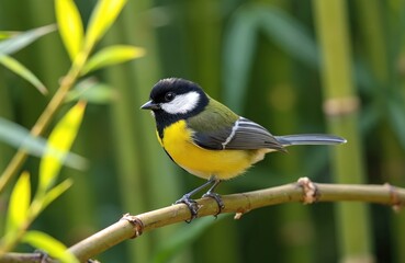 Fototapeta premium Small great tit bird perches on fresh green bamboo branch. Bright yellow, olive green, black, white feathers. Cute bird sits calmly in natural forest habitat during sunny daylight. Wild animal