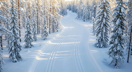 Fototapeta premium Nordic skiing track in snow-covered forest landscape during winter