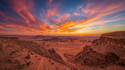 Fototapeta premium Desert landscape with cliffs at sunset showcasing vibrant sky and dramatic clouds. Natural scenery and horizon view during evening.
