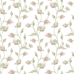 Watercolor pink romantic flowers. Seamless floral pattern. Watercolor texture. Home textile. Print for fabric. Pink flowers, spring, summer. Wallpaper for home. Blooming background.