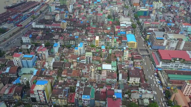  Futuristic aerial view panorama of developing Yangon city , Aerial view of Sule pagoda in downtown, Yangon, Myanmar. Sule Pagoda located in the heart of Yangon, Karaweik royal barge, Kandawgyi Lake, 