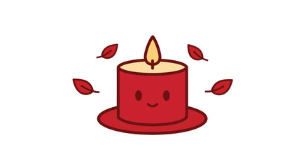 Cartoon candle with flame and surrounding leaves illustration on white