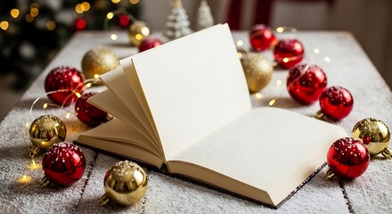 An open blank book rests on a snowy table surrounded by festive Christmas ornaments and lights.