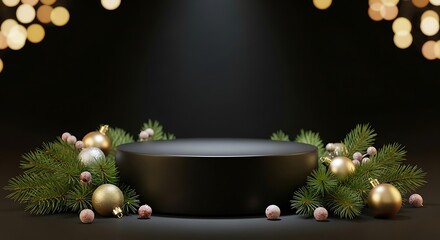 A circular dark podium is adorned with festive Christmas ornaments and evergreen branches.