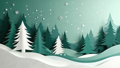 Obraz premium Green pine trees in snowy landscape made in cut paper art style. White snowflakes fall on layered hills. Christmas winter scene with fir trees on gradient blue background. Paper cutout illustration