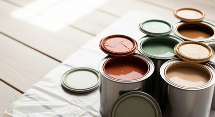 Open paint cans in various colors on plastic sheet in sunlight  