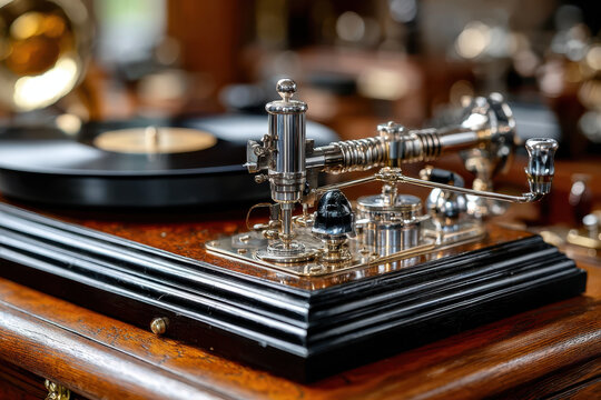 Vintage phonograph showcasing intricate craftsmanship and timeless design at a music exhibition