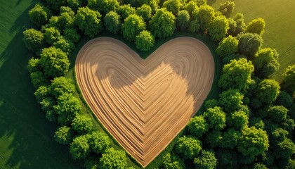 Aerial view of heart shaped field surrounded by green trees in nature. Earth field in heart form with green forest. Symbol of love, nature and environment. Landscape in rural scene.