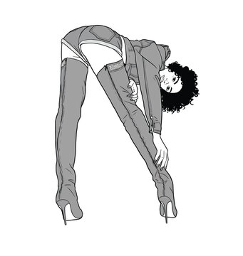 Monochrome vector illustration of a stylish woman with curly afro hair in thigh-high boots and shorts bending over.