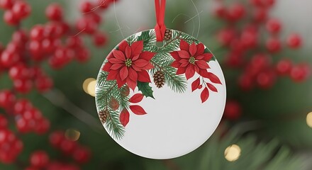 A festive Christmas ornament adorned with poinsettias and pinecones hangs from a decorated tree.