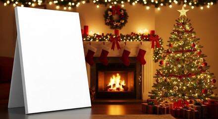 A festive Christmas scene with a fireplace, decorated tree, stockings, and a blank easel for text.