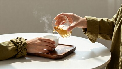 Person pouring hot tea from a glass pitcher into a cup. Two people sharing a warm drink in a moment of friendship. Traditional tea ceremony and wellness lifestyle