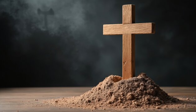 Wooden cross stands in ground. Religious symbol represents faith, spirituality. Background shows dark sky with blurred cross silhouette. Concept of crucifixion sacrifice, lent, easter, resurrection