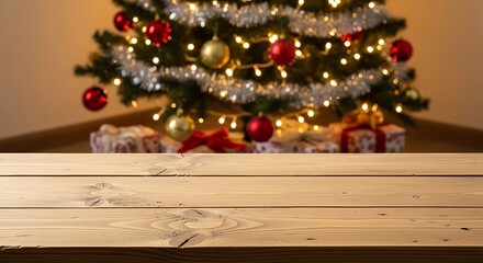 A festive Christmas tree with ornaments and gifts sits behind a wooden table, ready for holiday celebrations.