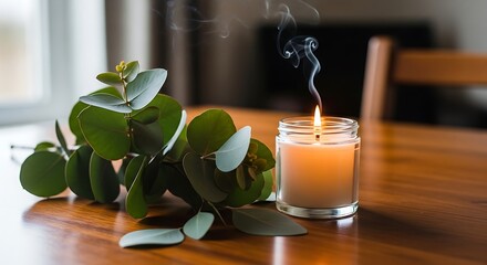 A lit scented candle and eucalyptus leaves are on a wooden table, creating a calming atmosphere.