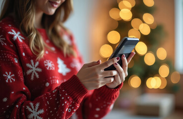 Woman in red festive sweater uses phone and card to buy gifts. Blurred Christmas lights and tree in background. Cozy winter holiday online shopping.