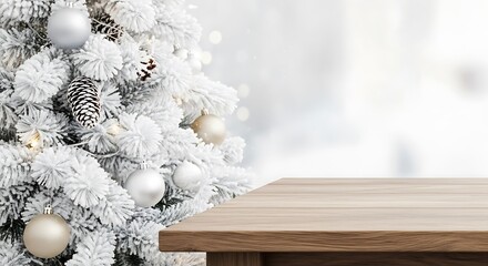 A wooden table stands in front of a softly blurred, snow-covered Christmas tree with festive ornaments.