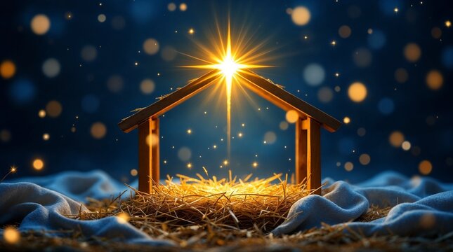 The Star of Bethlehem shines over an empty manger in a Christmas native scene. Birth of Jesus Christ and Christian holiday concept. Holy night background