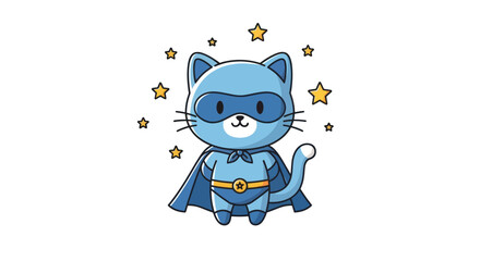 Cartoon cat superhero illustration with stars on white background