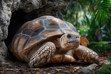 Large turtle resting near a rocky cave with lush greenery surrounding the area