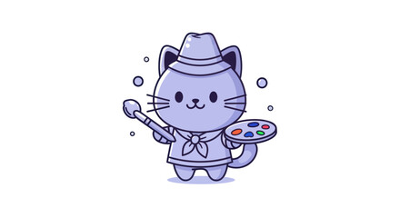 Cartoon cat artist holding brush and palette on white background