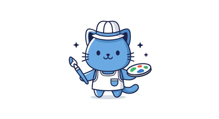 Cartoon cat artist holding brush and palette on white background
