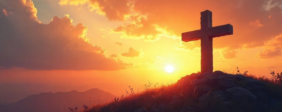 Christian cross on rocky hill at colorful sunset. Silhouette of wooden crucifix stands on mountain peak. Dramatic sky with clouds, bright orange sun glow in background. Religious symbol of faith,