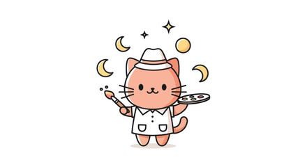 Cartoon cat artist with palette and brush surrounded by celestial elements