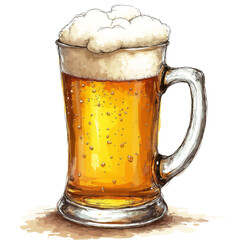 Foamy beer mug with golden liquid in amber, white, and brown colors isolated on white background