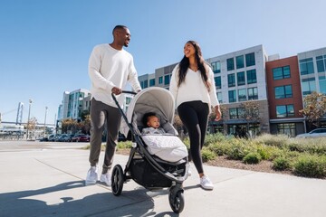 African American parents walk city sidewalk, pushing baby in stroller, enjoying sunny day together.