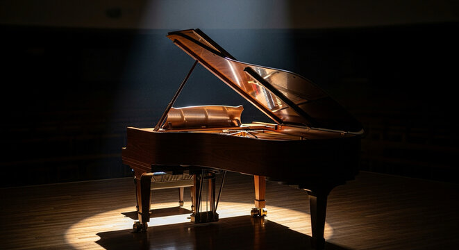 grand piano lid opened with single beam of light entering from above