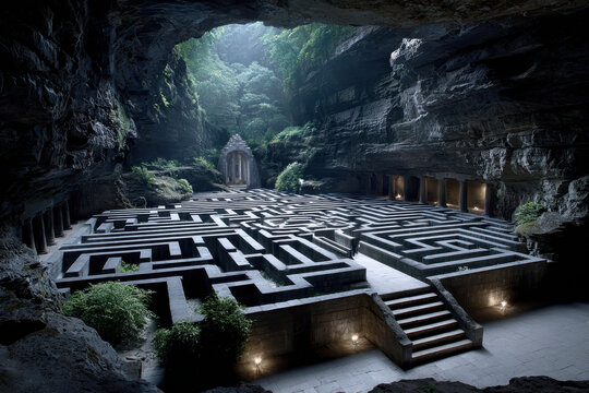 Intricate stone maze surrounded by lush greenery in ancient cave temple