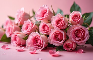 Obraz premium Pink roses bouquet on soft pink backdrop. Floral arrangement for love romance and celebrations. Beautiful blossoms with green leaves and petals scattered around.