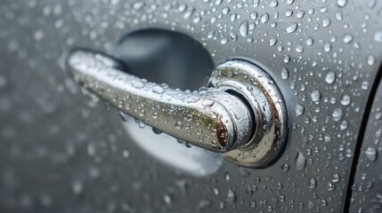 Obraz premium Abstract close up of water droplets on a silver car handle post wash